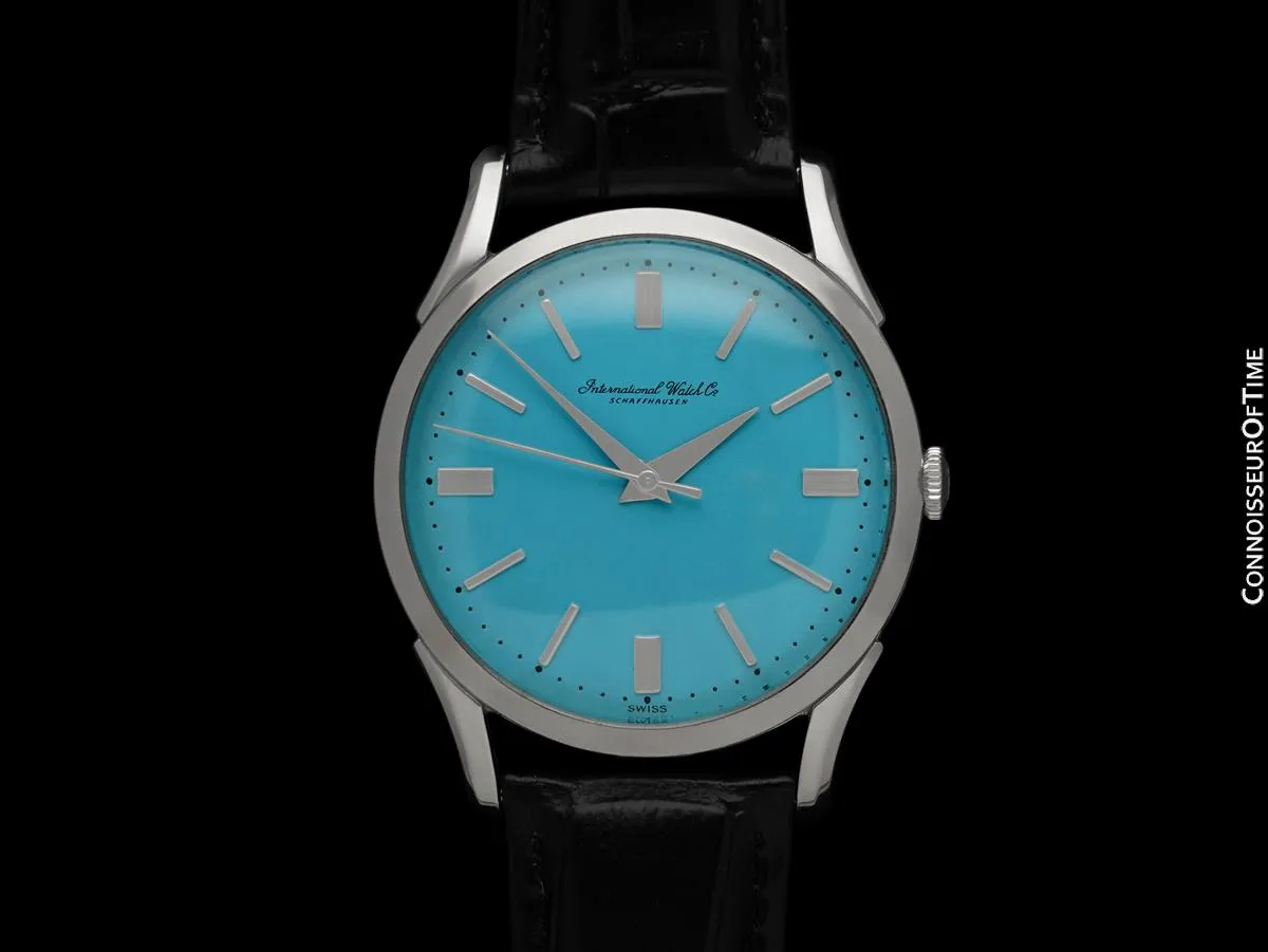 1960 IWC Vintage Mens Handwound Watch with Bombe Lugs and Sky Blue Dial, Caliber 89 - Stainless Steel