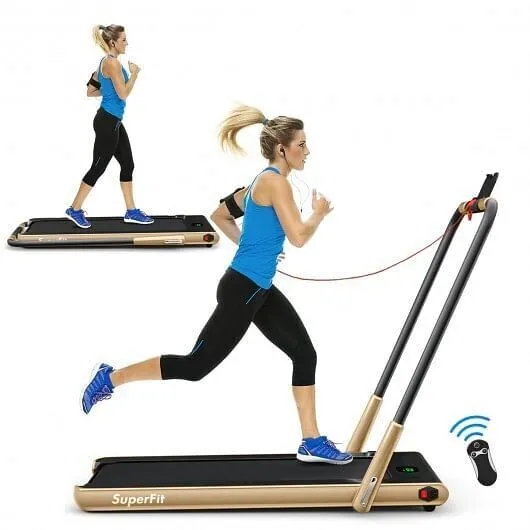 2-in-1 Folding Treadmill with Remote Control and LED Display-Golden - Color: Gol