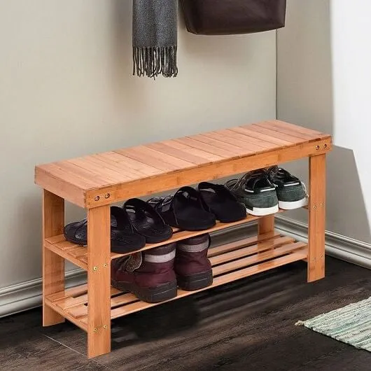 3 Tier Bamboo Bench Storage Shoe Shelf-Natural - Color: Natural