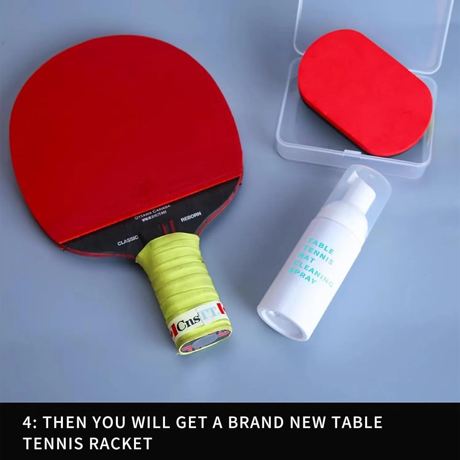 6 Ping Pong Paddle Cleaners Combination Set Contains Cleaning Spray Grip Tape, Rubber Cover Table Tennis Edge Tape Cleaning Cloth and Ping Pong Paddle Case Complete Ping Pong Paddles Set of 4