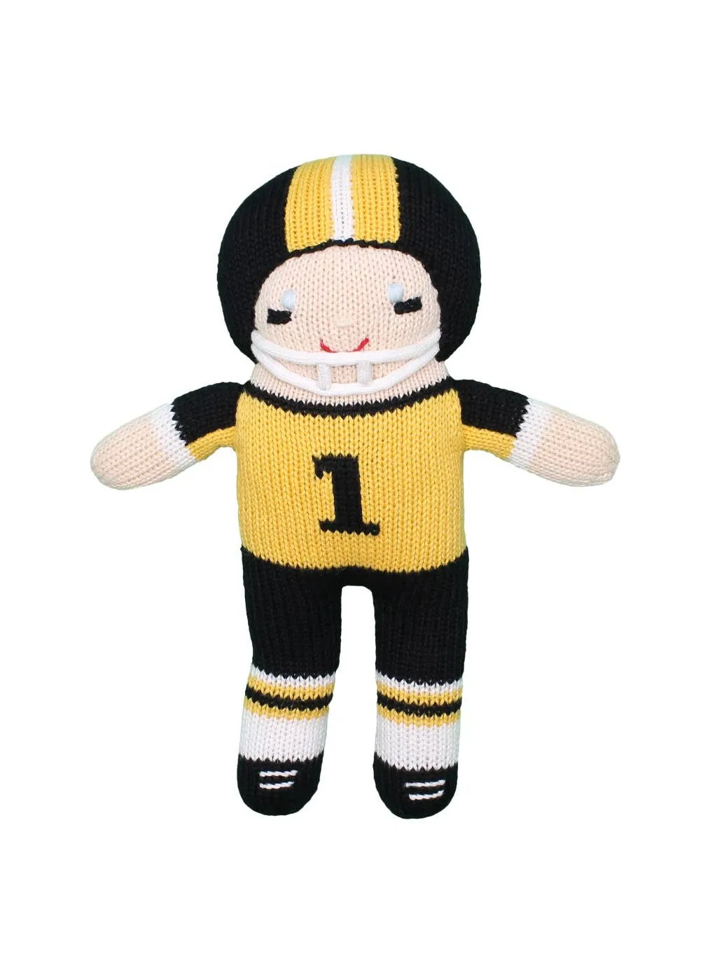 7" Knit Football Player Doll Rattle {Black   Gold}