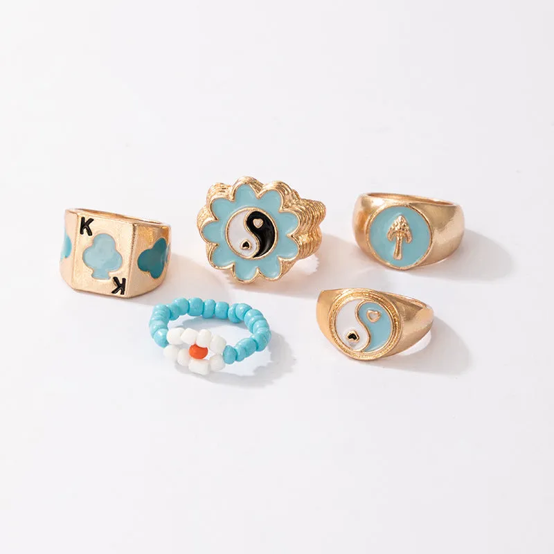 Bead Flower Playing Card Mushroom Blue Ring Set