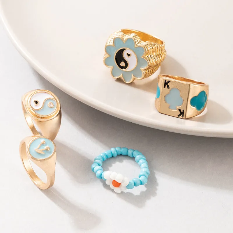Bead Flower Playing Card Mushroom Blue Ring Set