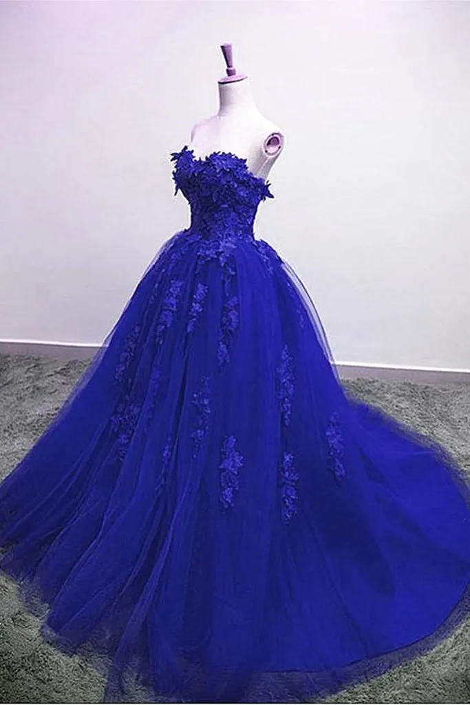 Blue Ball Gown Lace Long Prom Dress With Appliques, Evening Dress CMS 211150