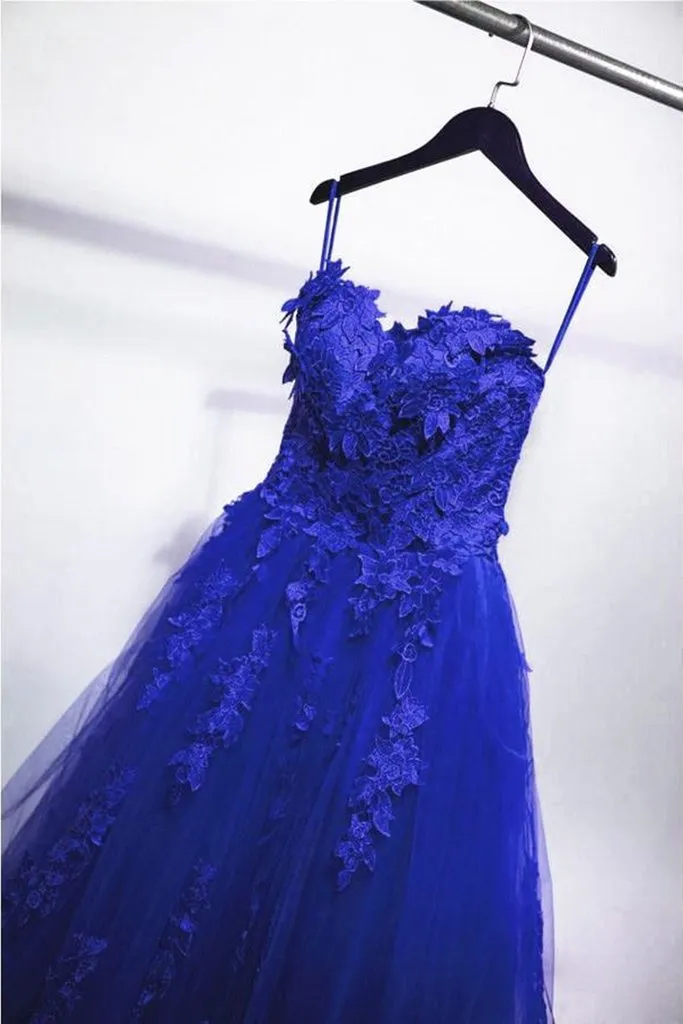 Blue Ball Gown Lace Long Prom Dress With Appliques, Evening Dress CMS 211150