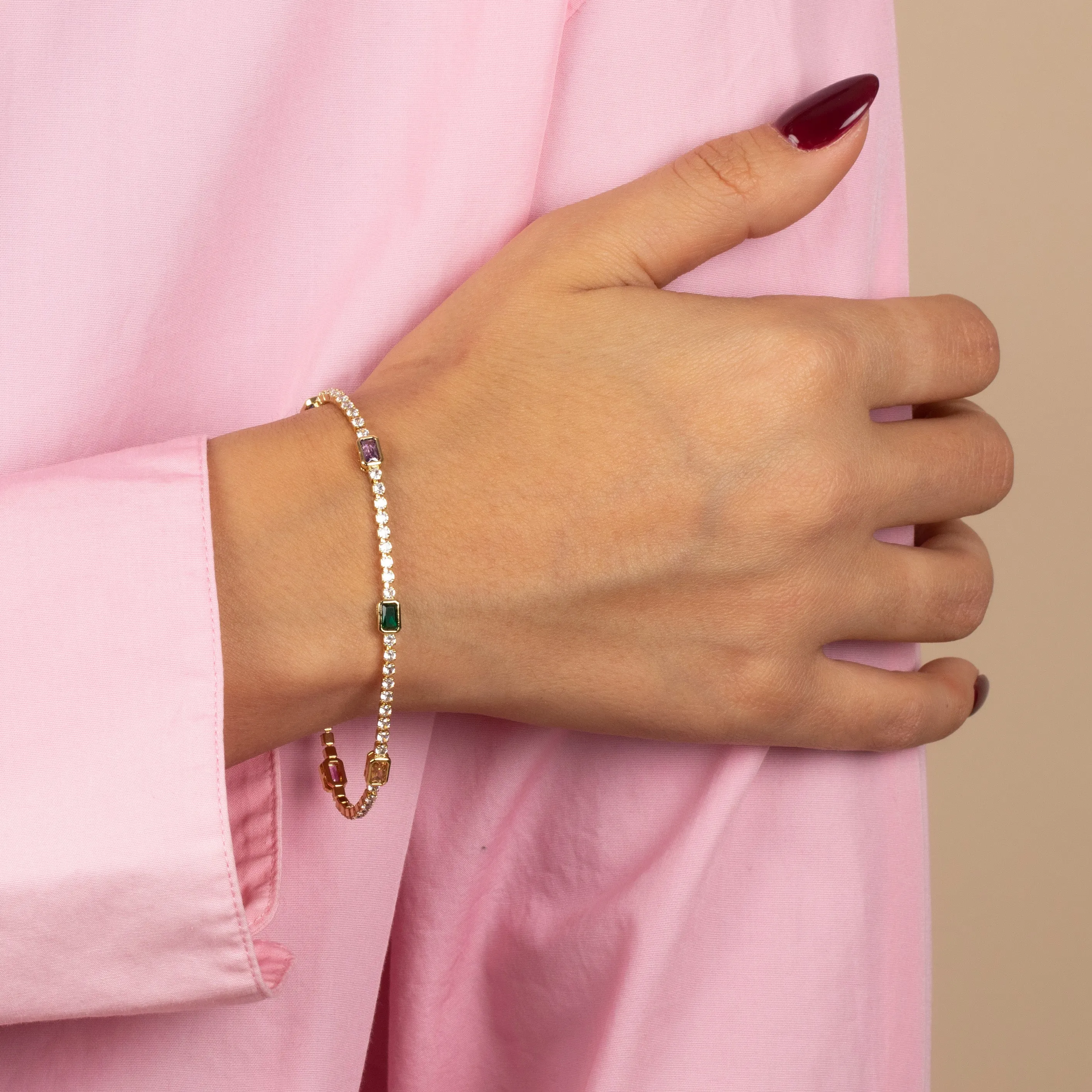 Colored CZ Baguette Accented Tennis Bracelet