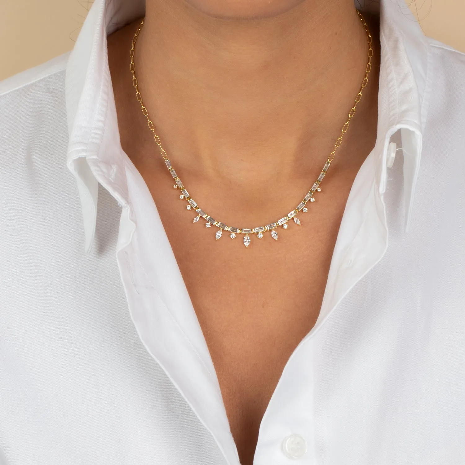 CZ Baguette X Marquise Spike Half Tennis Necklace