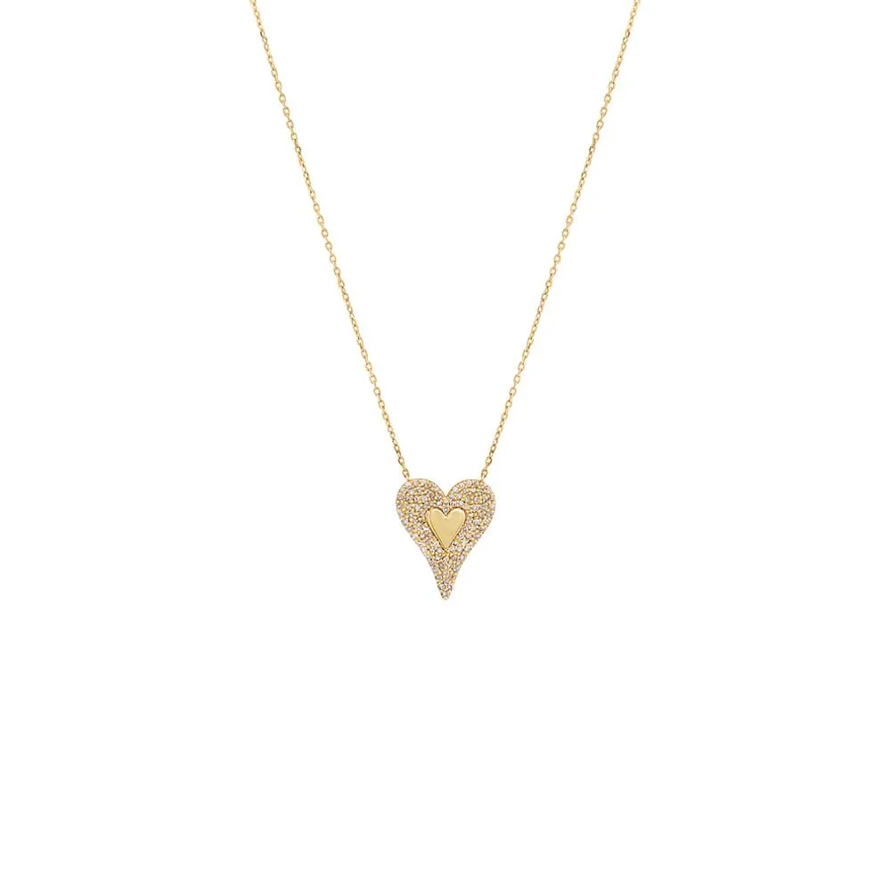 Elongated Diamond Pave / Solid Heart Necklace 14K
