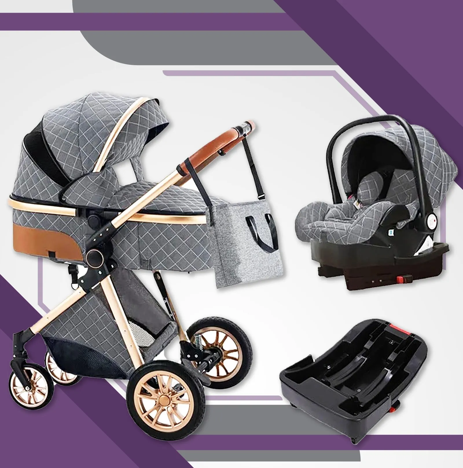 Grey Premium 3-in-1 Baby Stroller (Car Seat & Base Included)
