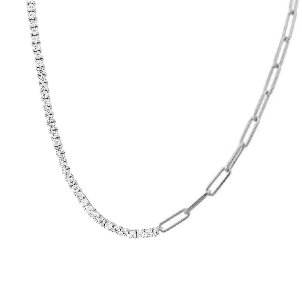 Half Diamond Tennis Half PaperClip Necklace