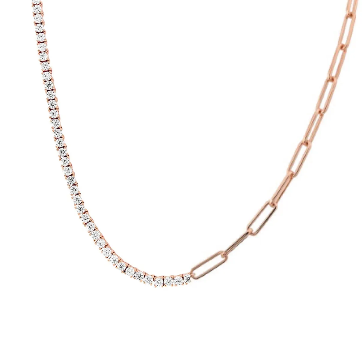 Half Diamond Tennis Half PaperClip Necklace