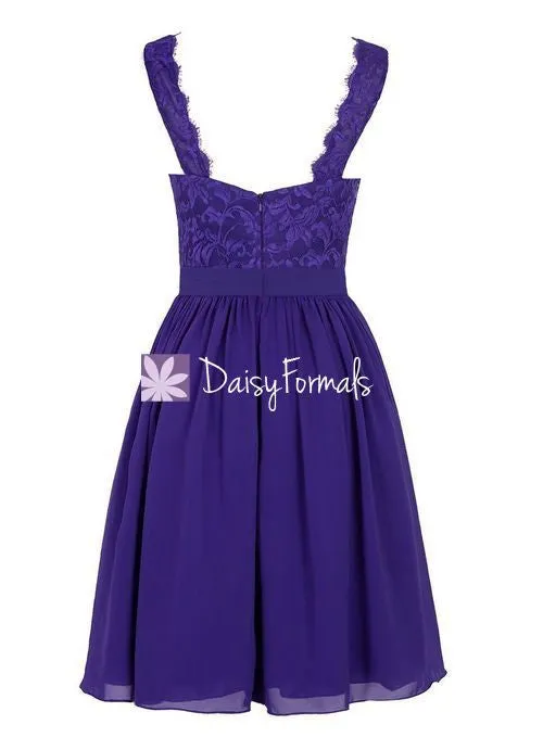Ice Blue Party Dress w/Lace Straps Lace V-neckline Bridesmaids Dress (BM2343)