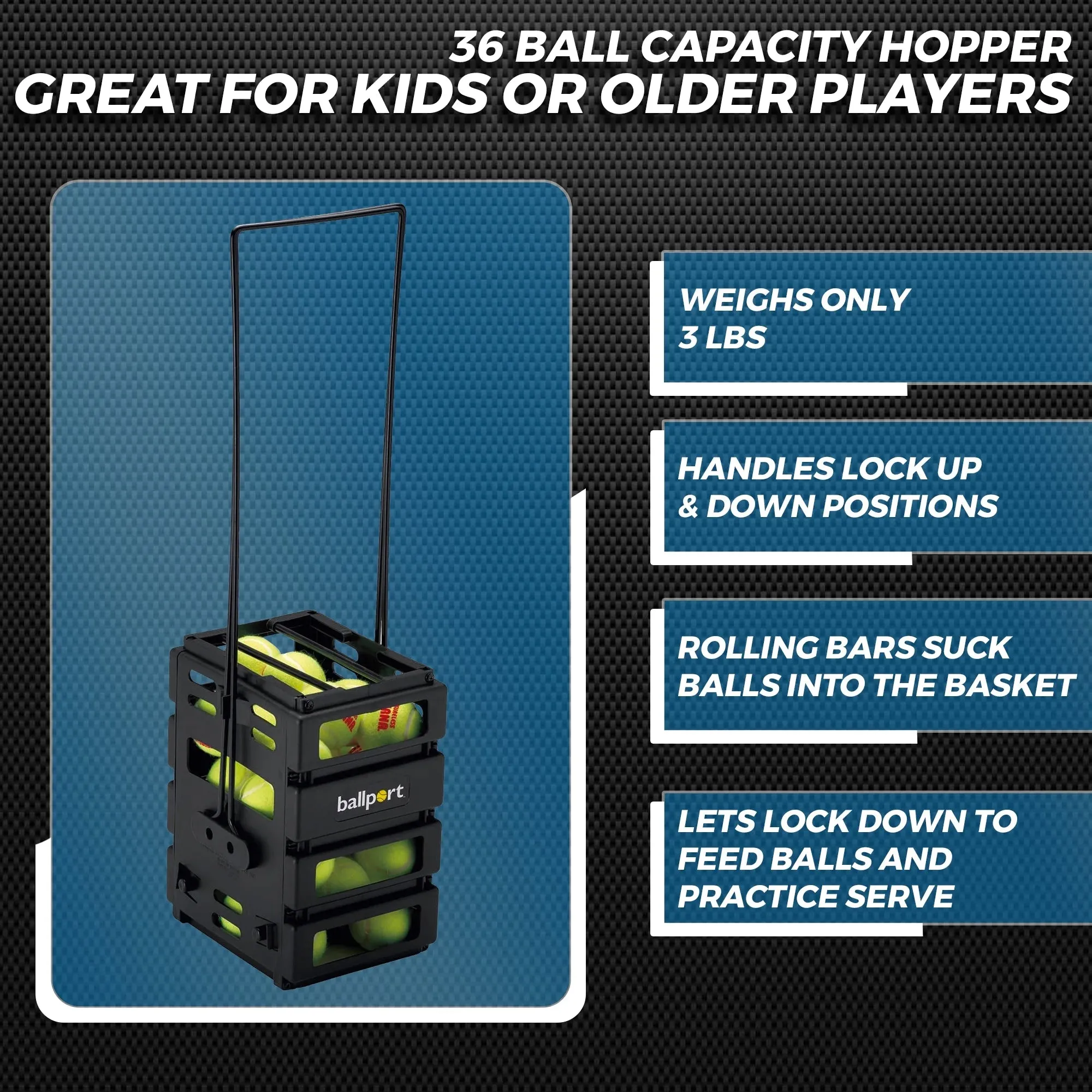 Mini Ballport Tennis Ball Pick up Hopper - Holds 36 Balls - Black