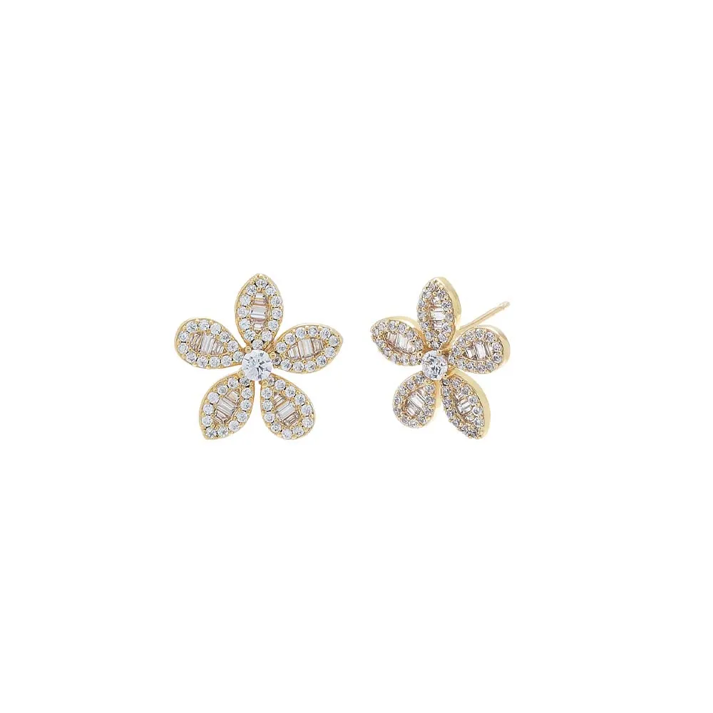 Pave CZ X Baguete Flower Stud Earring