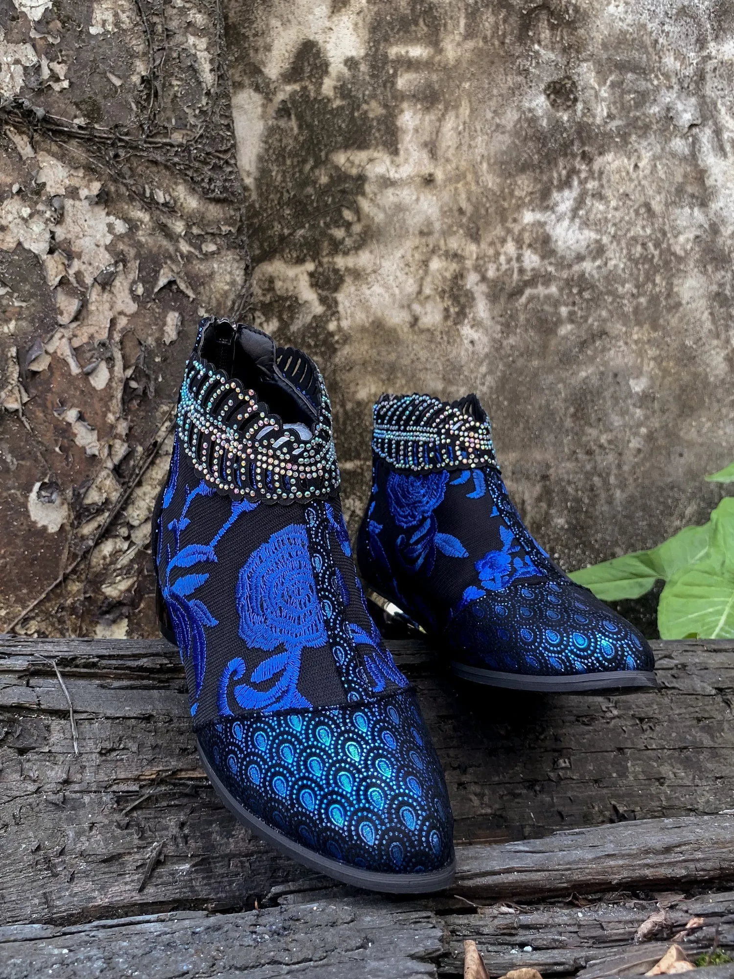 Rhinestone Ankle Floral-Embroidered Boot - Blue