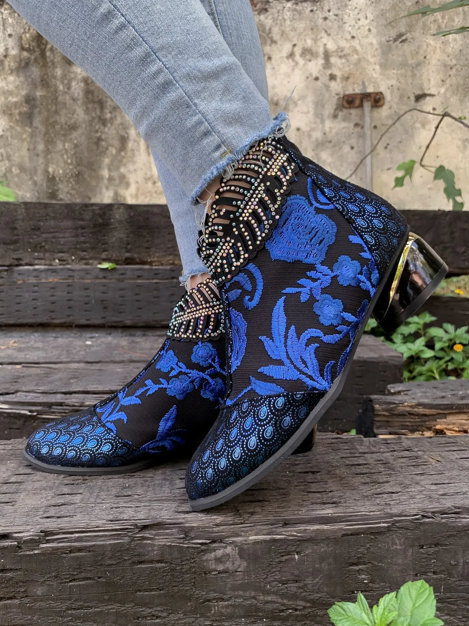 Rhinestone Ankle Floral-Embroidered Boot - Blue