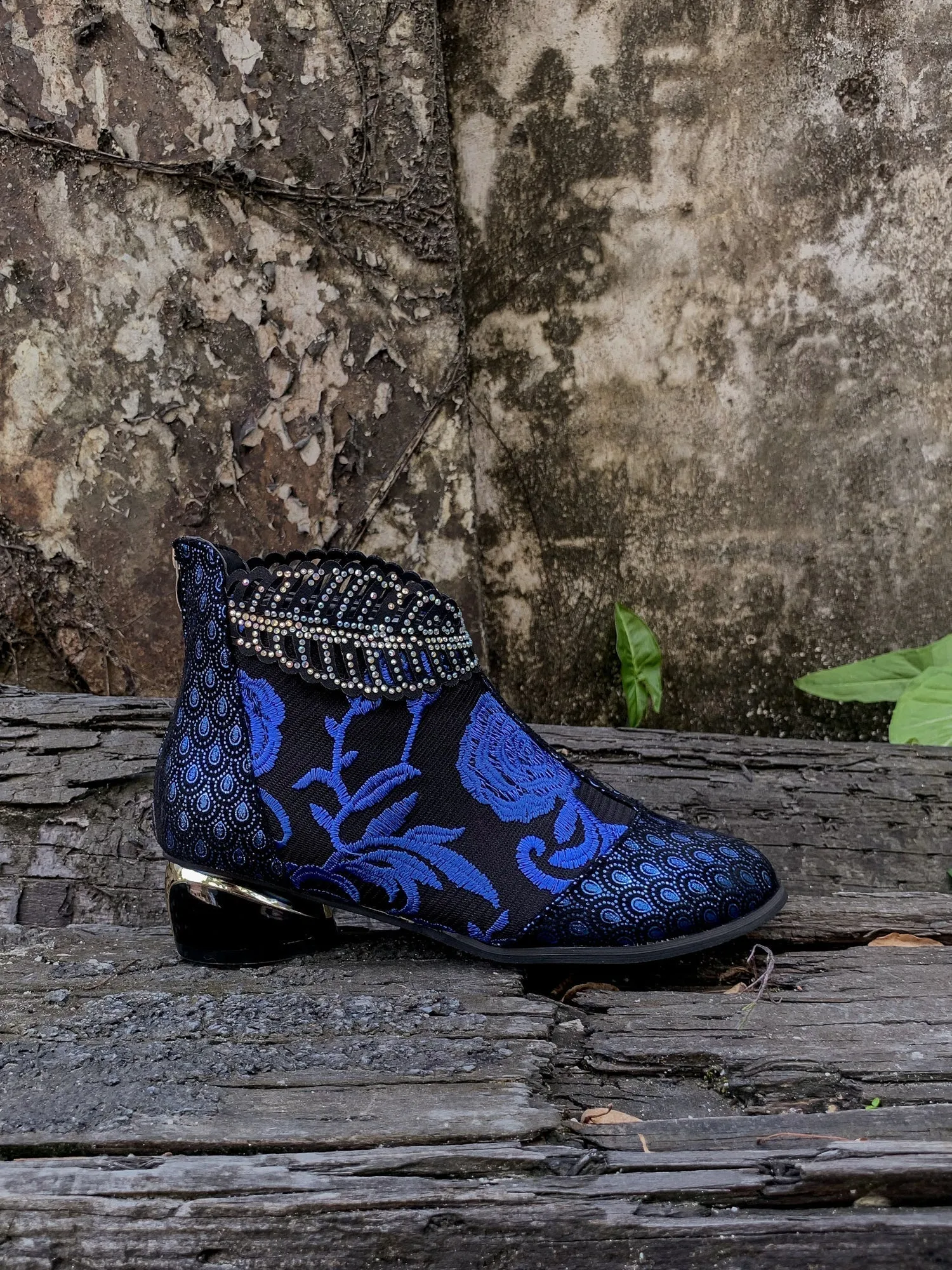 Rhinestone Ankle Floral-Embroidered Boot - Blue