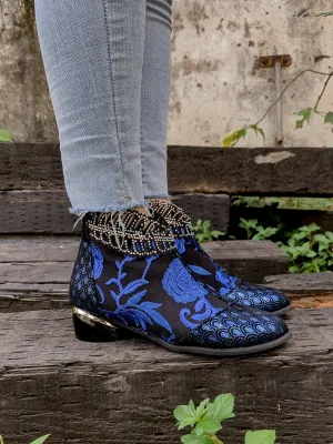 Rhinestone Ankle Floral-Embroidered Boot - Blue