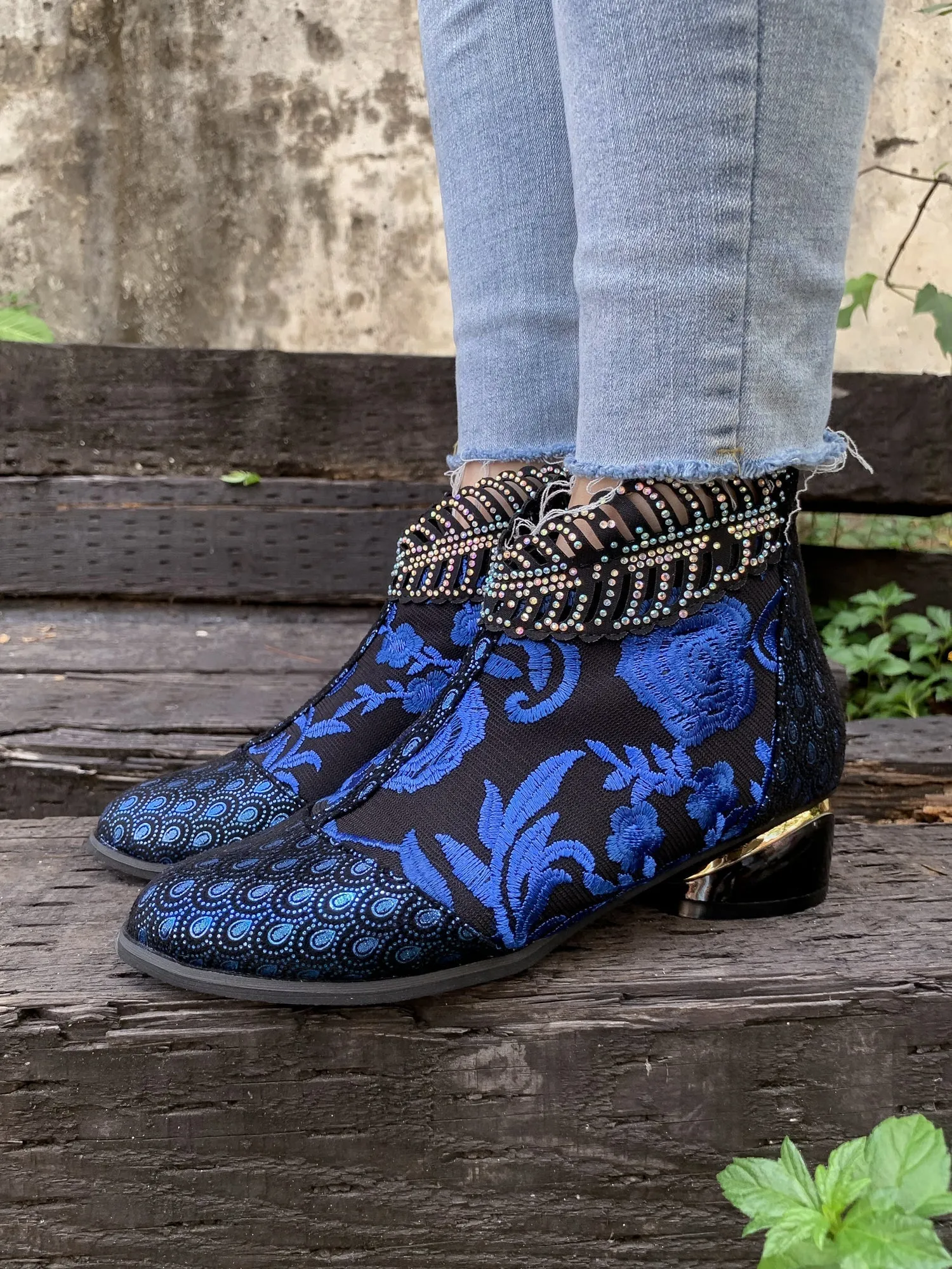 Rhinestone Ankle Floral-Embroidered Boot - Blue