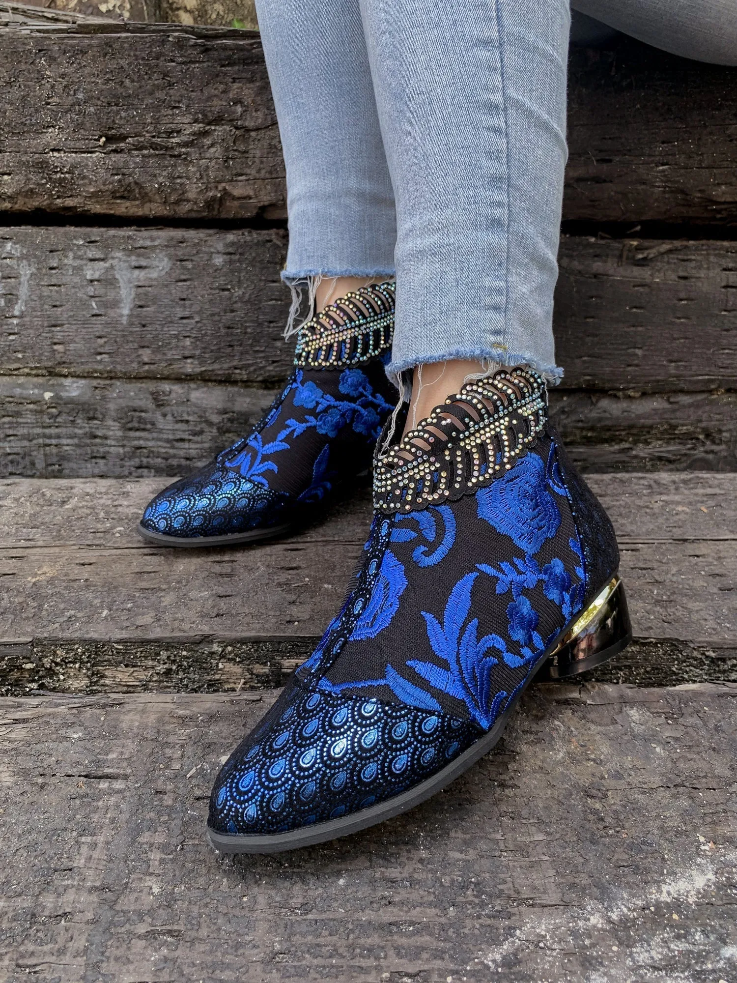 Rhinestone Ankle Floral-Embroidered Boot - Blue