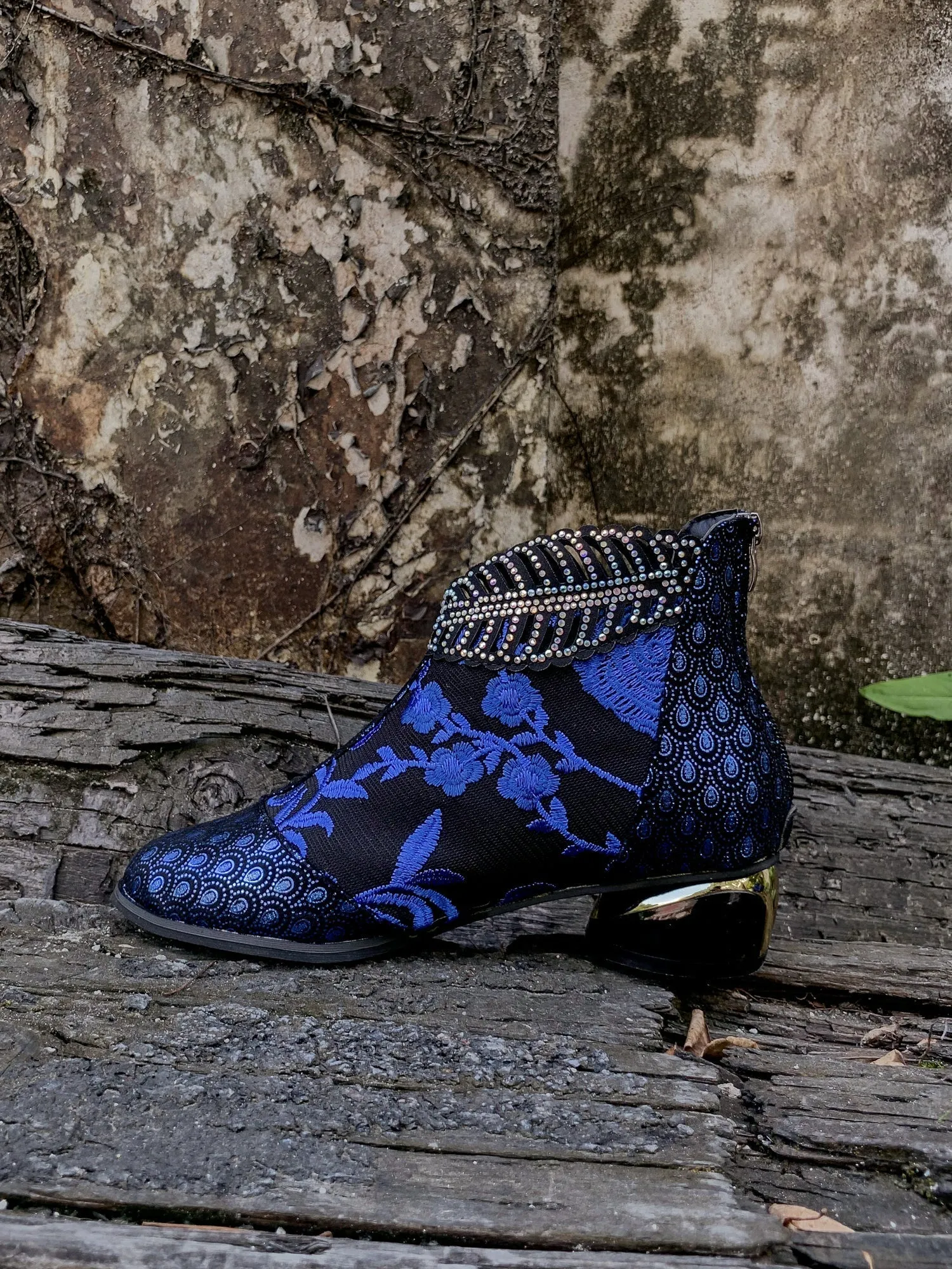 Rhinestone Ankle Floral-Embroidered Boot - Blue