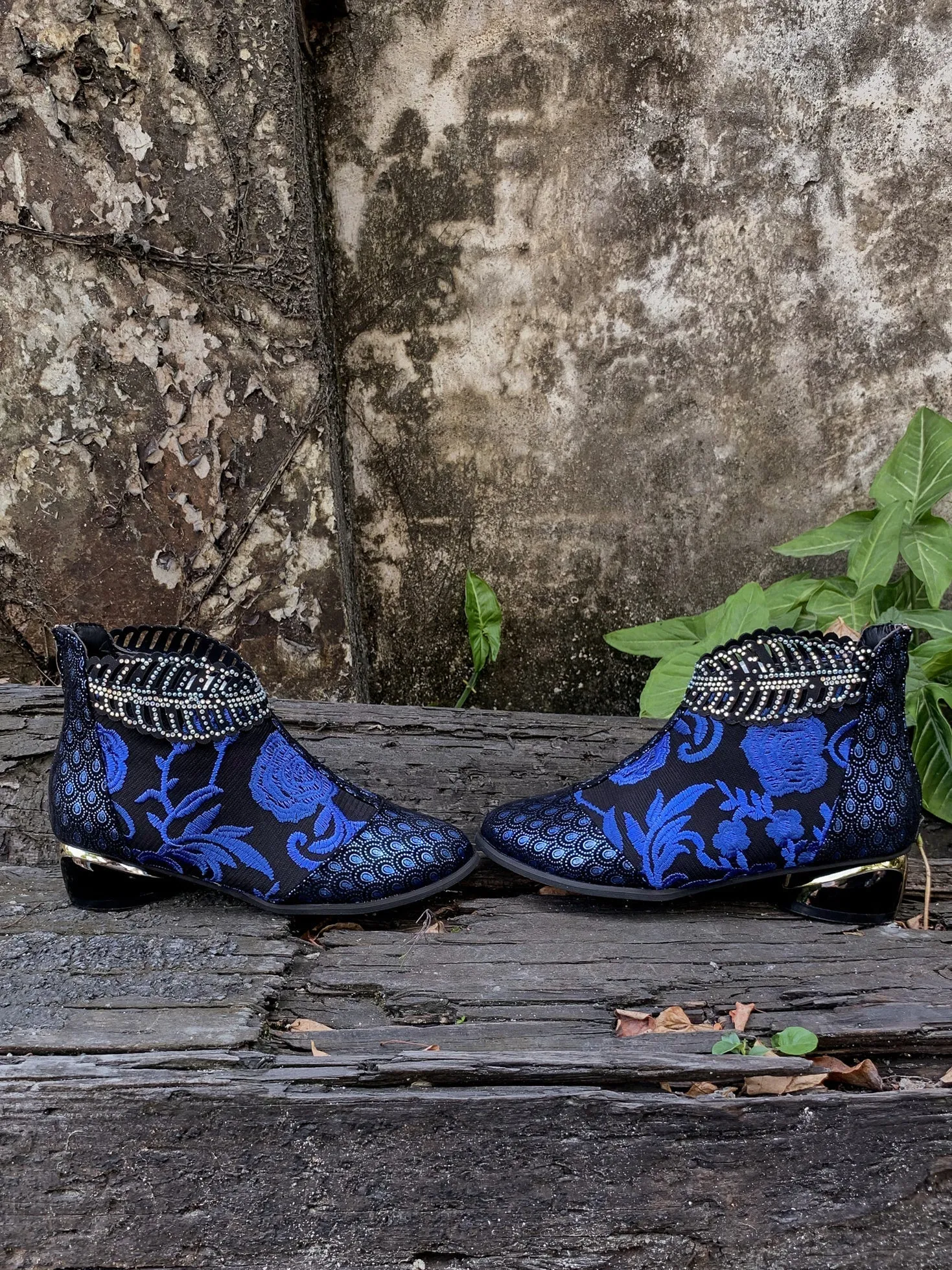 Rhinestone Ankle Floral-Embroidered Boot - Blue